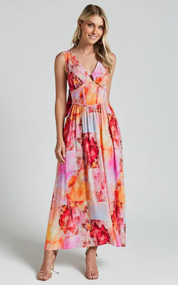 Showpo Amalie The Label 8211 Chamika Linen Blend Bustier Double Tie Back Midi Dress In Marsielle Print Women Curve Clothes