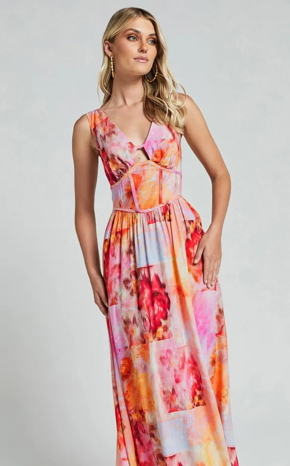 Showpo Amalie The Label 8211 Chamika Linen Blend Bustier Double Tie Back Midi Dress In Marsielle Print Women Curve Clothes