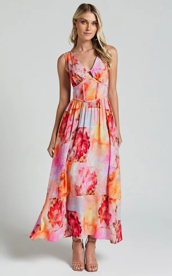 Showpo Amalie The Label 8211 Chamika Linen Blend Bustier Double Tie Back Midi Dress In Marsielle Print Women Curve Clothes