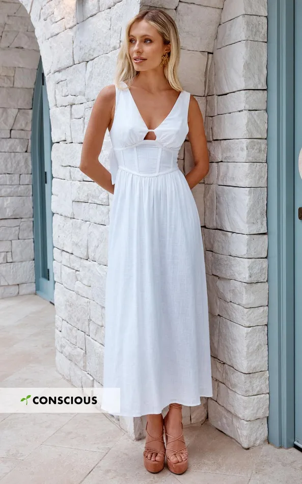 Showpo Amalie The Label 8211 Chamika Linen Blend Bustier Double Tie Back Midi Dress In White Women Dresses Showpo Amalie The Label 8211 Chamika Linen Blend Bustier Double Tie Back Midi Dress In White Women Dresses
