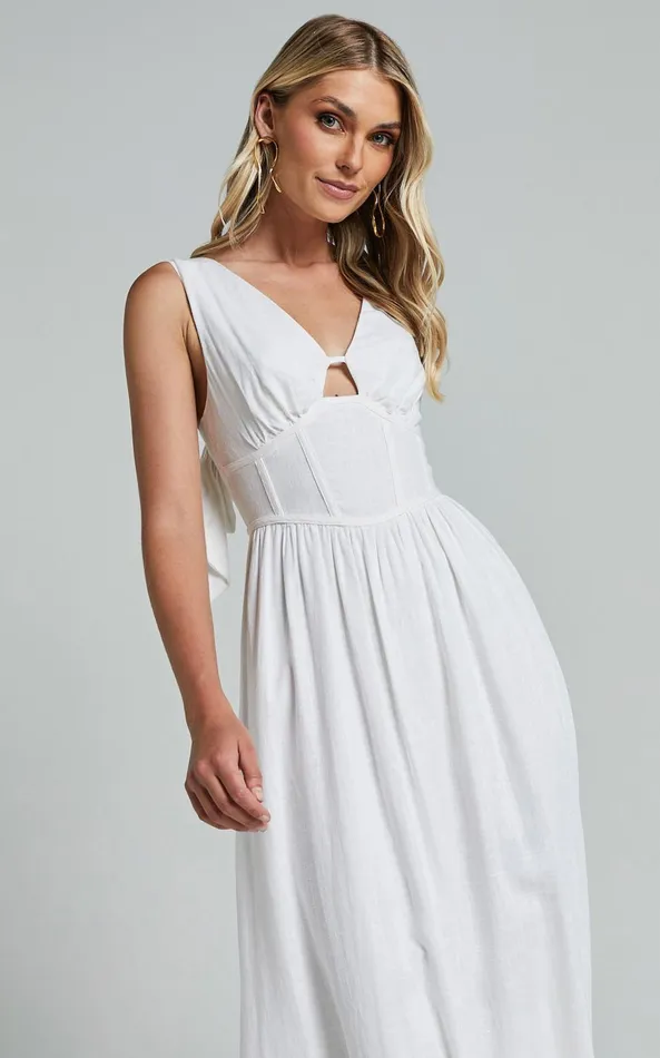 Showpo Amalie The Label 8211 Chamika Linen Blend Bustier Double Tie Back Midi Dress In White Women Dresses