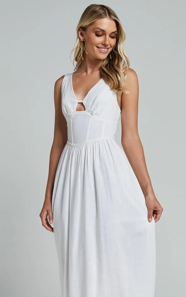 Showpo Amalie The Label 8211 Chamika Linen Blend Bustier Double Tie Back Midi Dress In White Women Dresses