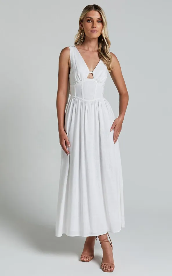 Showpo Amalie The Label 8211 Chamika Linen Blend Bustier Double Tie Back Midi Dress In White Women Dresses