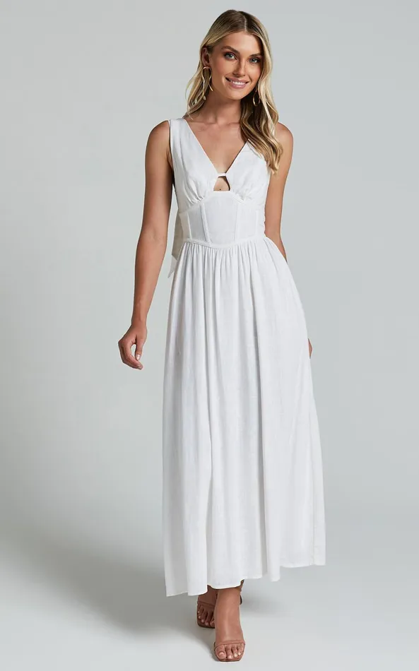 Showpo Amalie The Label 8211 Chamika Linen Blend Bustier Double Tie Back Midi Dress In White Women Dresses