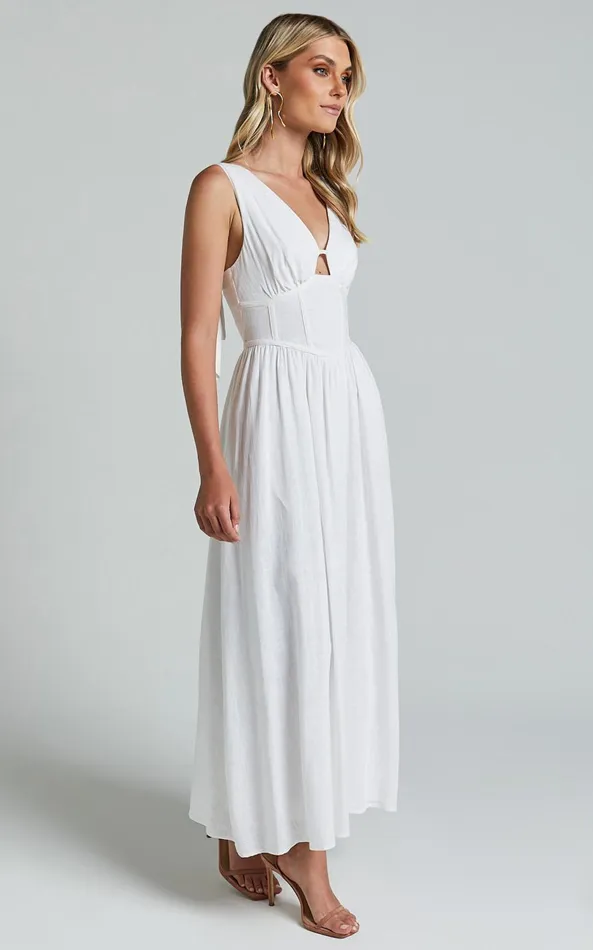 Showpo Amalie The Label 8211 Chamika Linen Blend Bustier Double Tie Back Midi Dress In White Women Dresses