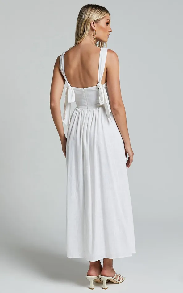 Showpo Amalie The Label 8211 Chamika Linen Blend Bustier Double Tie Back Midi Dress In White Women Dresses