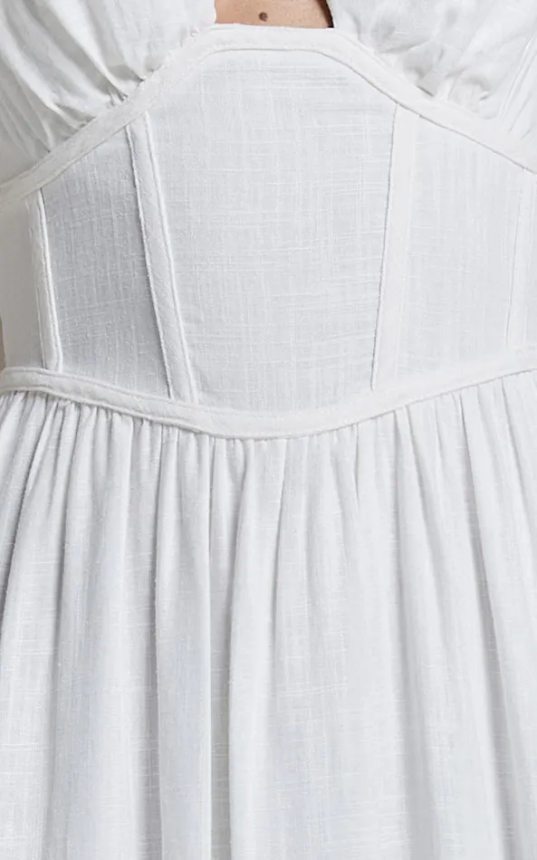Showpo Amalie The Label 8211 Chamika Linen Blend Bustier Double Tie Back Midi Dress In White Women Dresses