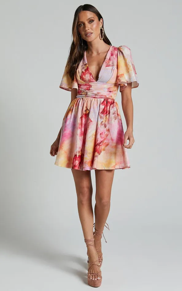 Showpo Amalie The Label 8211 Chamika Linen Blend Plunge Open Tie Back Mini Dress In Marsielle Print Women Dresses