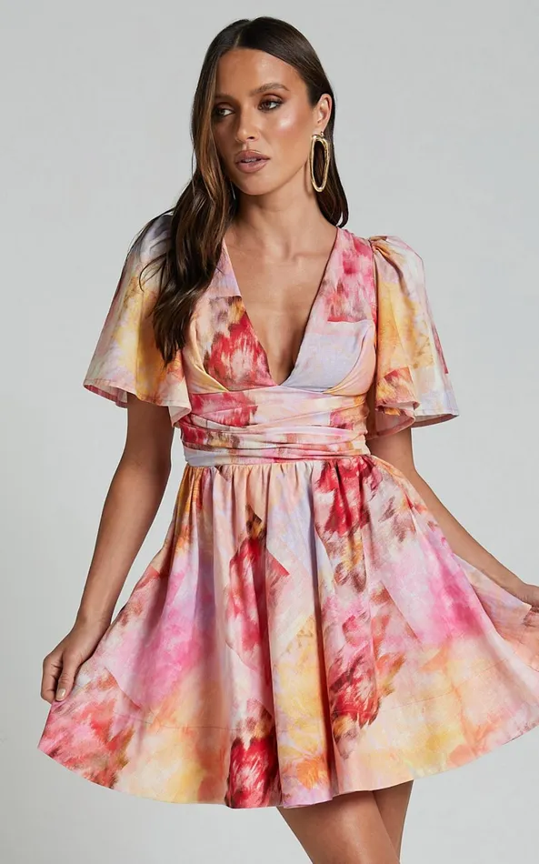 Showpo Amalie The Label 8211 Chamika Linen Blend Plunge Open Tie Back Mini Dress In Marsielle Print Women Dresses