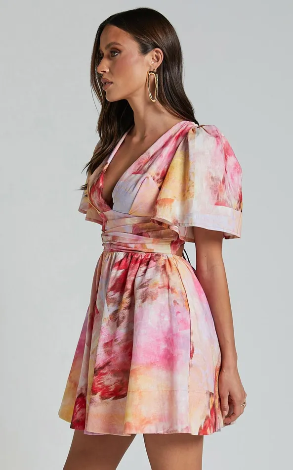 Showpo Amalie The Label 8211 Chamika Linen Blend Plunge Open Tie Back Mini Dress In Marsielle Print Women Dresses