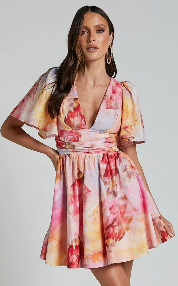 Showpo Amalie The Label 8211 Chamika Linen Blend Plunge Open Tie Back Mini Dress In Marsielle Print Women Dresses