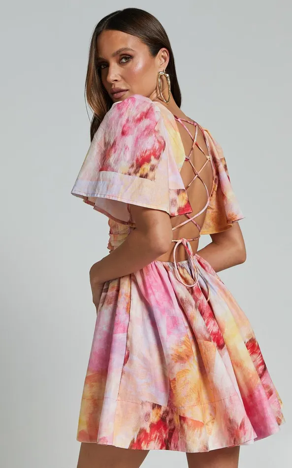 Showpo Amalie The Label 8211 Chamika Linen Blend Plunge Open Tie Back Mini Dress In Marsielle Print Women Dresses
