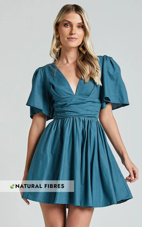 Showpo Amalie The Label 8211 Chamika Linen Blend Plunge Open Tie Back Mini Dress In Teal Women Dresses Showpo Amalie The Label 8211 Chamika Linen Blend Plunge Open Tie Back Mini Dress In Teal Women Dresses