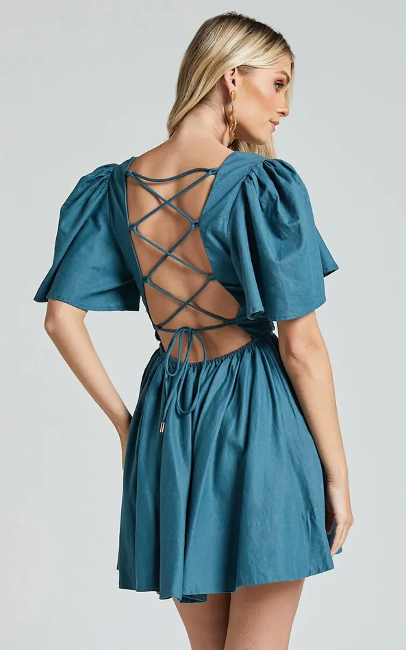 Showpo Amalie The Label 8211 Chamika Linen Blend Plunge Open Tie Back Mini Dress In Teal Women Dresses