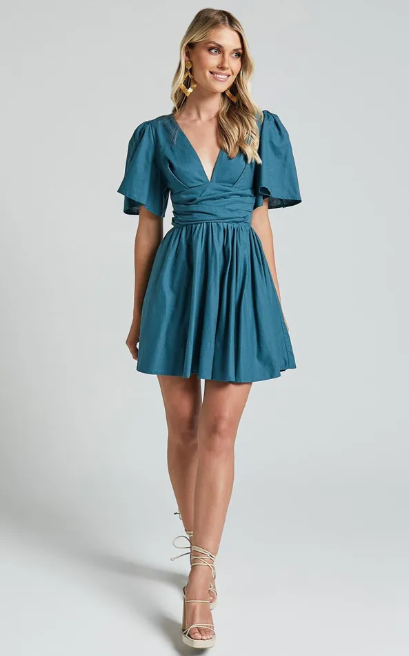 Showpo Amalie The Label 8211 Chamika Linen Blend Plunge Open Tie Back Mini Dress In Teal Women Dresses