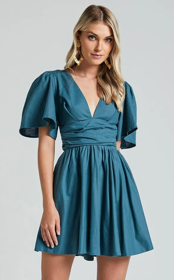 Showpo Amalie The Label 8211 Chamika Linen Blend Plunge Open Tie Back Mini Dress In Teal Women Dresses