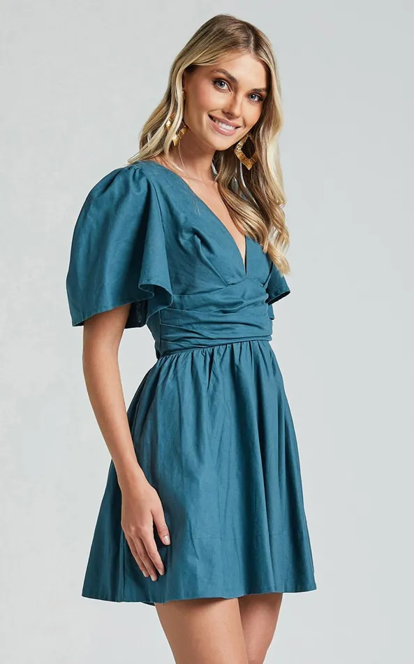 Showpo Amalie The Label 8211 Chamika Linen Blend Plunge Open Tie Back Mini Dress In Teal Women Dresses