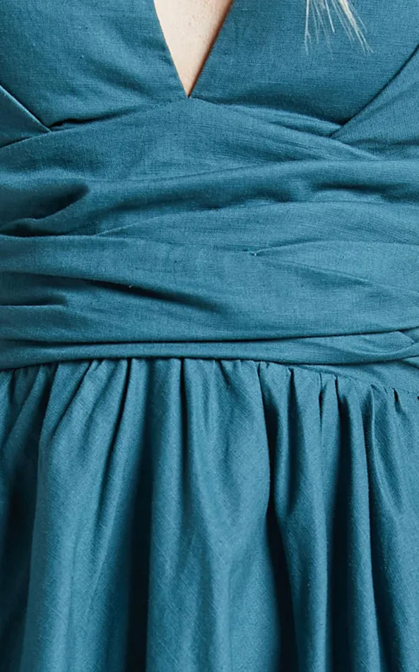 Showpo Amalie The Label 8211 Chamika Linen Blend Plunge Open Tie Back Mini Dress In Teal Women Dresses