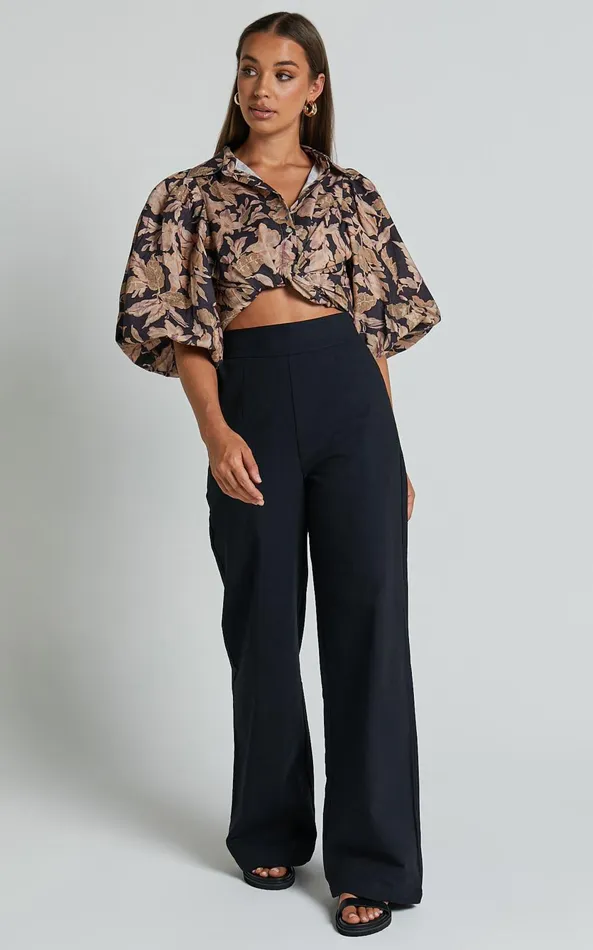 Showpo Amalie The Label 8211 Charo Linen Look High Waisted Wide Leg Pants In Black Women Pants