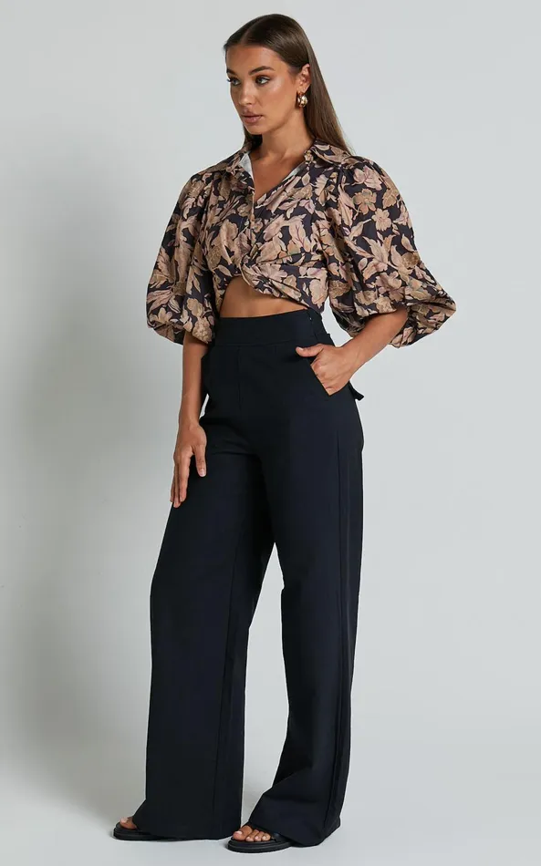 Showpo Amalie The Label 8211 Charo Linen Look High Waisted Wide Leg Pants In Black Women Pants