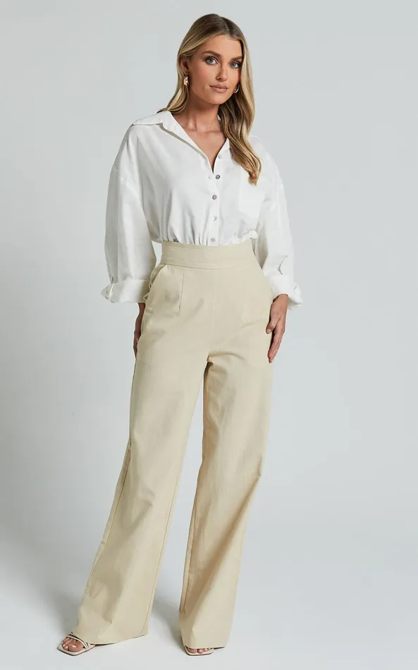 Showpo Amalie The Label 8211 Charo Linen Look High Waisted Wide Leg Pants In Stone Women Curve Clothes
