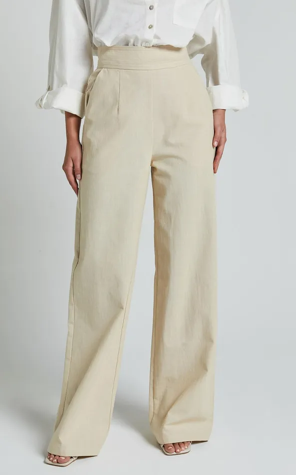 Showpo Amalie The Label 8211 Charo Linen Look High Waisted Wide Leg Pants In Stone Women Curve Clothes
