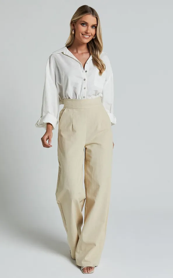 Showpo Amalie The Label 8211 Charo Linen Look High Waisted Wide Leg Pants In Stone Women Curve Clothes