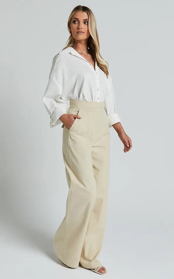 Showpo Amalie The Label 8211 Charo Linen Look High Waisted Wide Leg Pants In Stone Women Curve Clothes