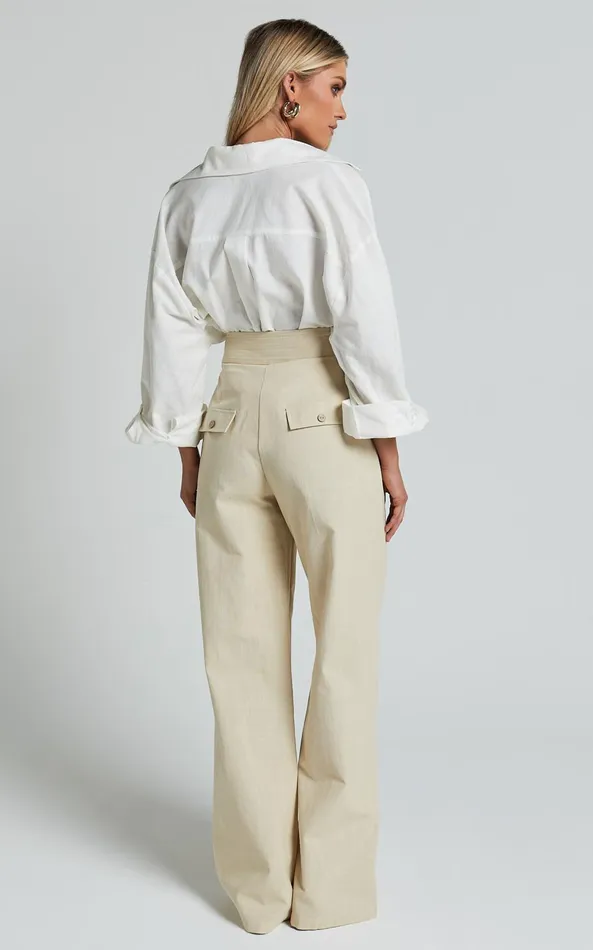 Showpo Amalie The Label 8211 Charo Linen Look High Waisted Wide Leg Pants In Stone Women Curve Clothes