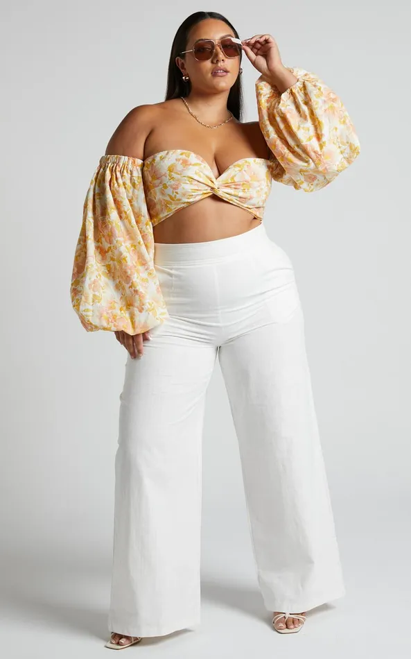 Showpo Amalie The Label 8211 Charo Linen Look High Waisted Wide Leg Pants In Warm White Women Curve Clothes