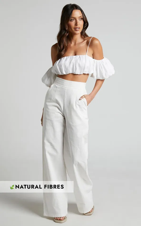 Showpo Amalie The Label 8211 Charo Linen Look High Waisted Wide Leg Pants In Warm White Women Curve Clothes