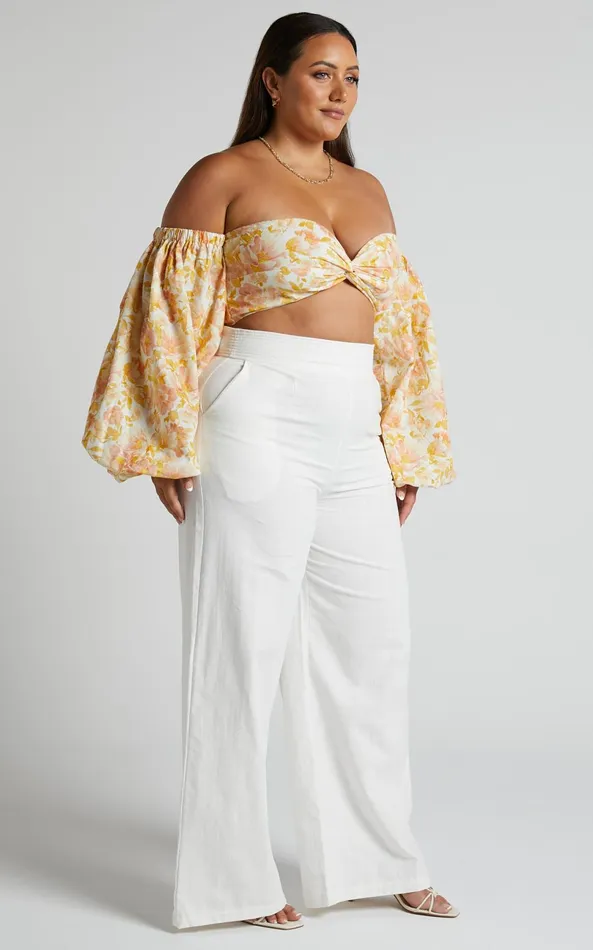 Showpo Amalie The Label 8211 Charo Linen Look High Waisted Wide Leg Pants In Warm White Women Curve Clothes