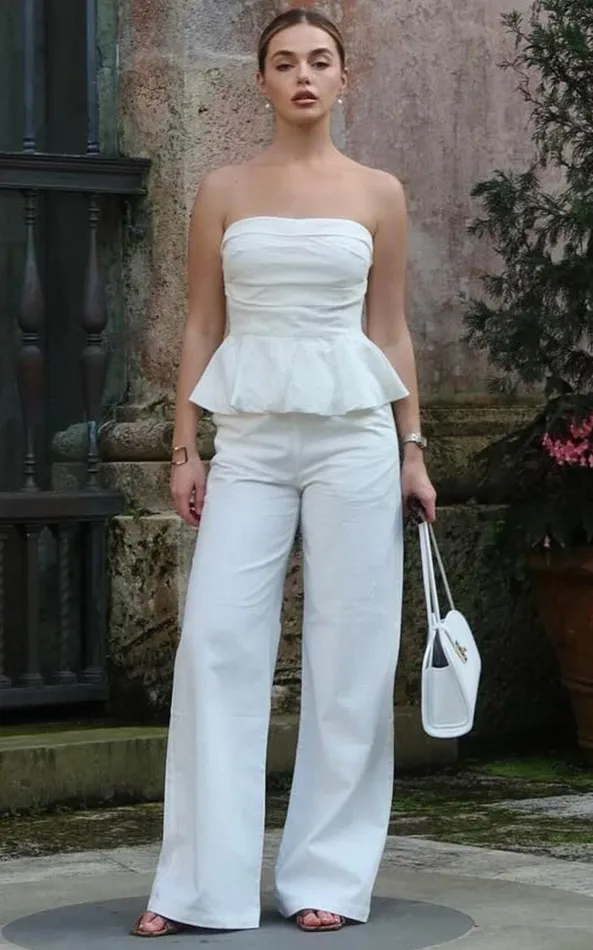 Showpo Amalie The Label 8211 Charo Linen Look High Waisted Wide Leg Pants In Warm White Women Curve Clothes