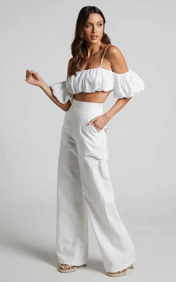 Showpo Amalie The Label 8211 Charo Linen Look High Waisted Wide Leg Pants In Warm White Women Curve Clothes