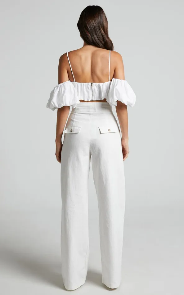 Showpo Amalie The Label 8211 Charo Linen Look High Waisted Wide Leg Pants In Warm White Women Curve Clothes
