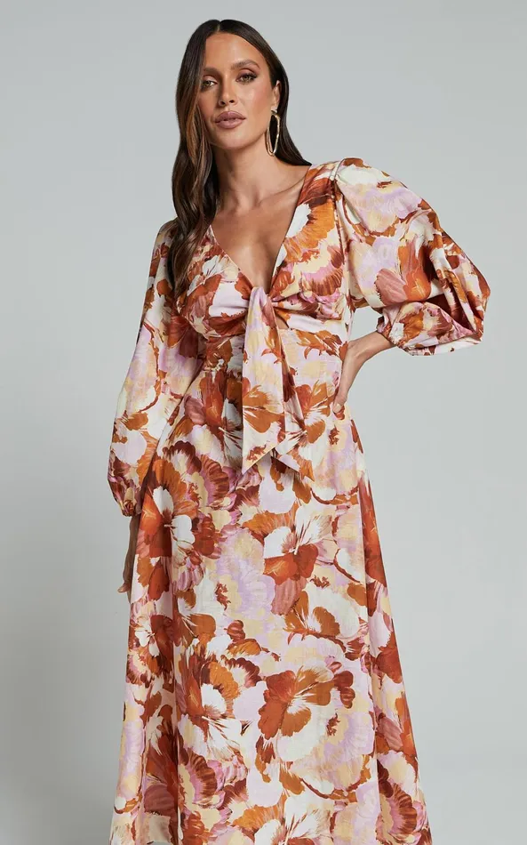 Showpo Amalie The Label 8211 Chevonne Linen Blend Tie Front Puff Sleeve Maxi Dress In Baku Print Women Dresses