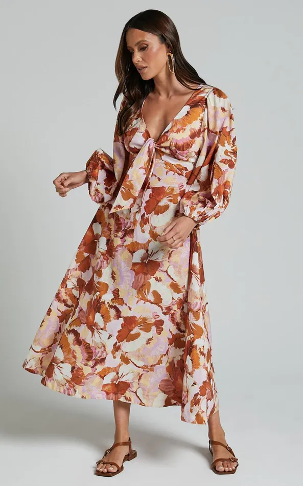 Showpo Amalie The Label 8211 Chevonne Linen Blend Tie Front Puff Sleeve Maxi Dress In Baku Print Women Dresses