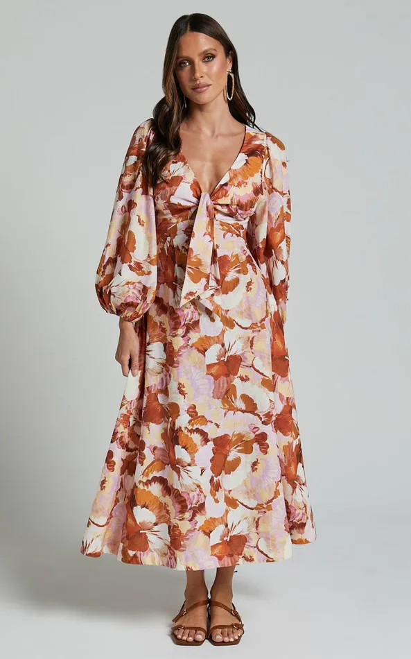 Showpo Amalie The Label 8211 Chevonne Linen Blend Tie Front Puff Sleeve Maxi Dress In Baku Print Women Dresses
