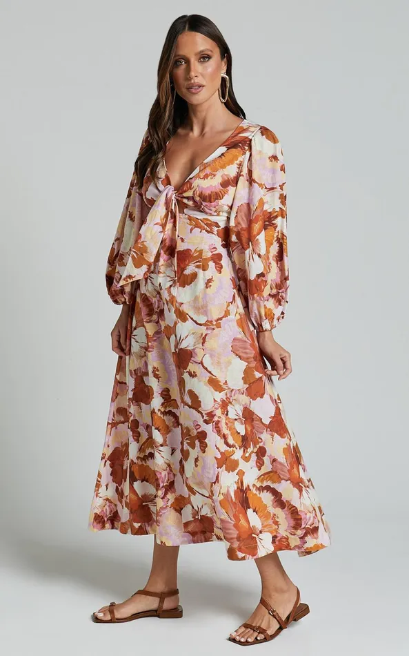 Showpo Amalie The Label 8211 Chevonne Linen Blend Tie Front Puff Sleeve Maxi Dress In Baku Print Women Dresses