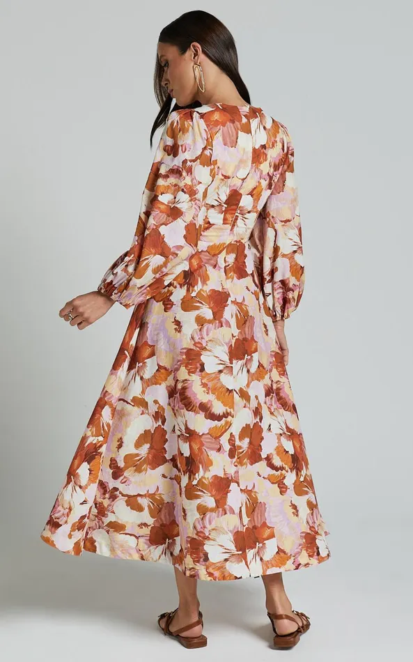 Showpo Amalie The Label 8211 Chevonne Linen Blend Tie Front Puff Sleeve Maxi Dress In Baku Print Women Dresses