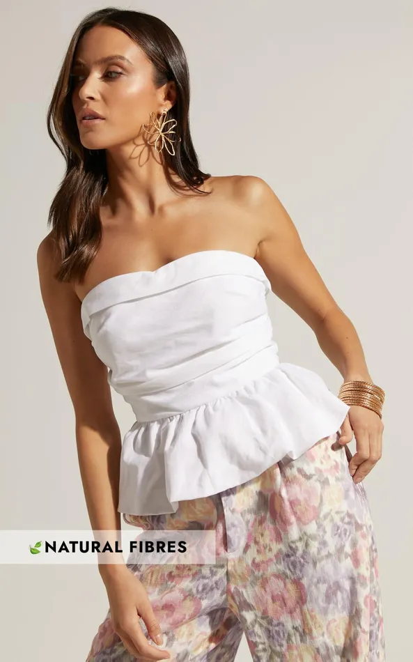 Showpo Amalie The Label 8211 Cortez Linen Blend Strapless Sweetheart Ruched Bodice Peplum Top In White Women Tops Showpo Amalie The Label 8211 Cortez Linen Blend Strapless Sweetheart Ruched Bodice Peplum Top In White Women Tops