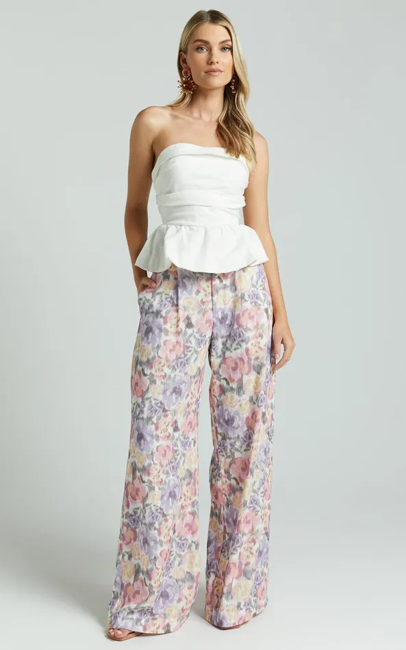 Showpo Amalie The Label 8211 Cortez Linen Blend Strapless Sweetheart Ruched Bodice Peplum Top In White Women Tops