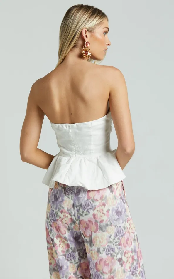 Showpo Amalie The Label 8211 Cortez Linen Blend Strapless Sweetheart Ruched Bodice Peplum Top In White Women Tops