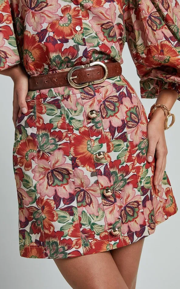 Showpo Amalie The Label 8211 Cosette Linen Blend High Waisted Button Through A Line Skirt In Musee Print Women Skirts