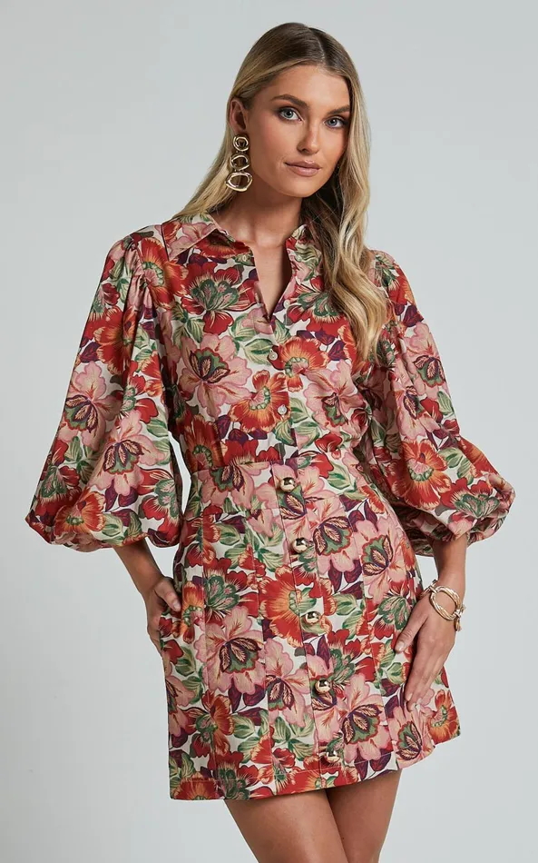 Showpo Amalie The Label 8211 Cosette Linen Blend High Waisted Button Through A Line Skirt In Musee Print Women Skirts