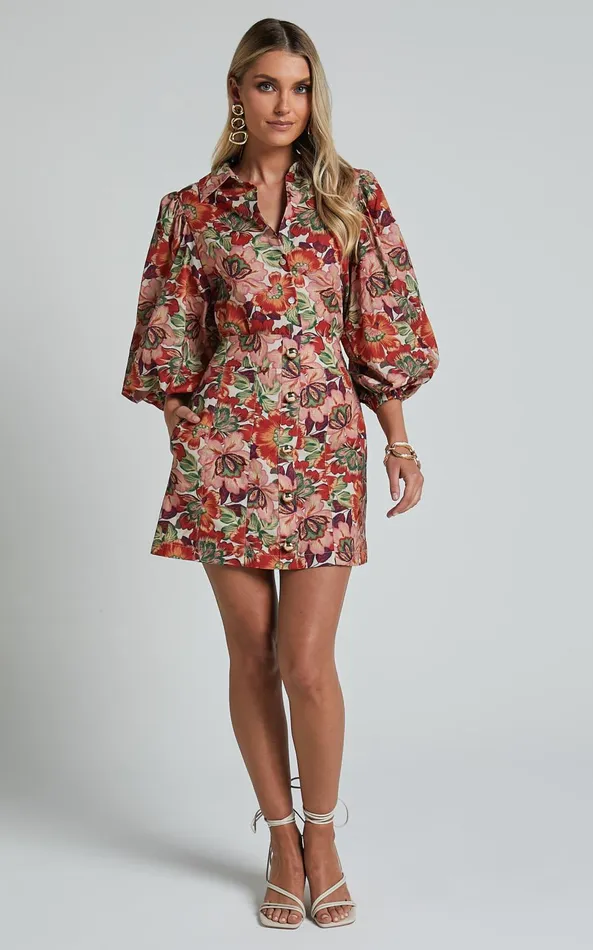Showpo Amalie The Label 8211 Cosette Linen Blend High Waisted Button Through A Line Skirt In Musee Print Women Skirts