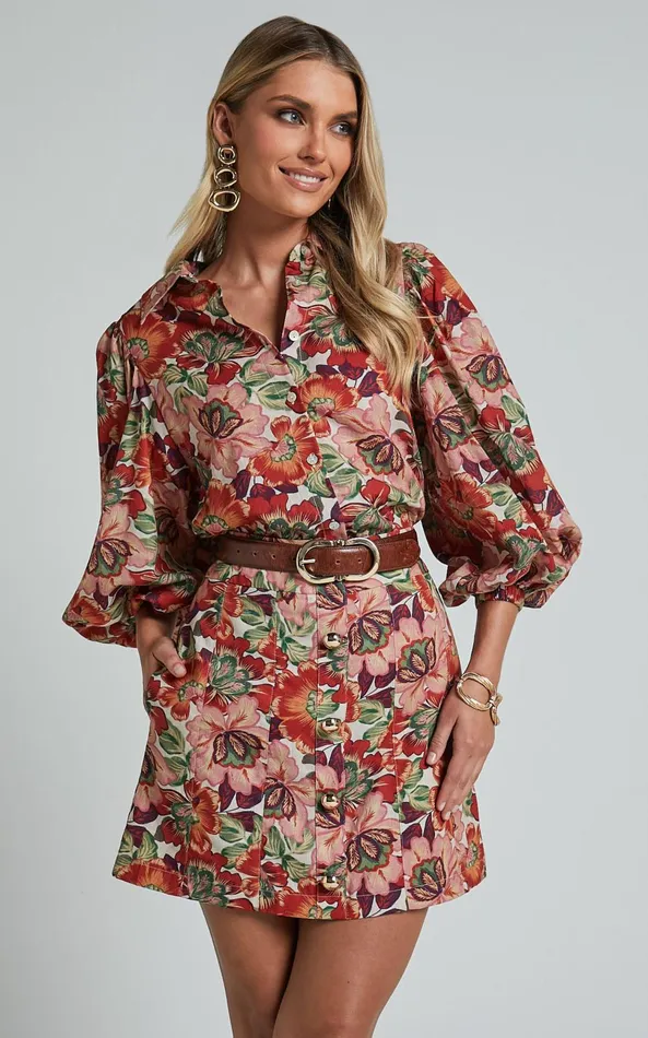 Showpo Amalie The Label 8211 Cosette Linen Blend High Waisted Button Through A Line Skirt In Musee Print Women Skirts