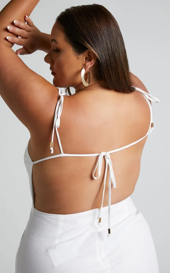 Showpo Amalie The Label 8211 Denissia Linen Strappy Open Back Mini Dress In White Women Dresses