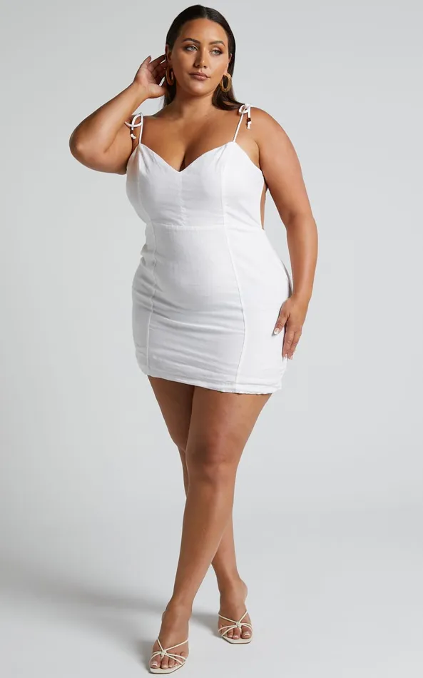 Showpo Amalie The Label 8211 Denissia Linen Strappy Open Back Mini Dress In White Women Dresses