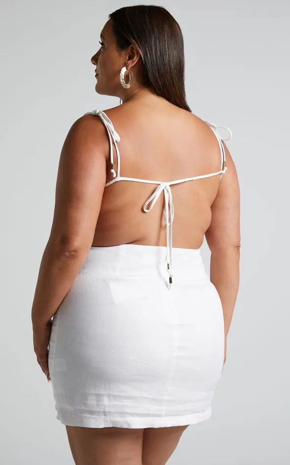 Showpo Amalie The Label 8211 Denissia Linen Strappy Open Back Mini Dress In White Women Dresses